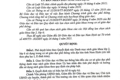 Quyết định phê duyệt danh mục sách giáo khoa lớp 2, lớp 6 sử dụng trong cơ sở giáo dục phổ thông trên địa bàn tỉnh Nam Định