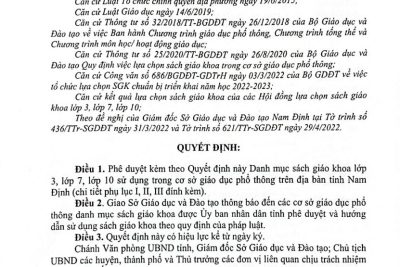 Quyết định phê duyệt danh mục sách giáo khoa lớp 3, lớp 7, lớp 10 sử dụng trong cơ sở giáo dục phổ thông trên địa bàn tỉnh Nam Định