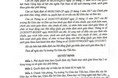 Quyết định phê duyệt danh mục sách giáo khoa lớp 2 sử dụng trong cơ sở giáo dục phổ thông năm học 2021-2022